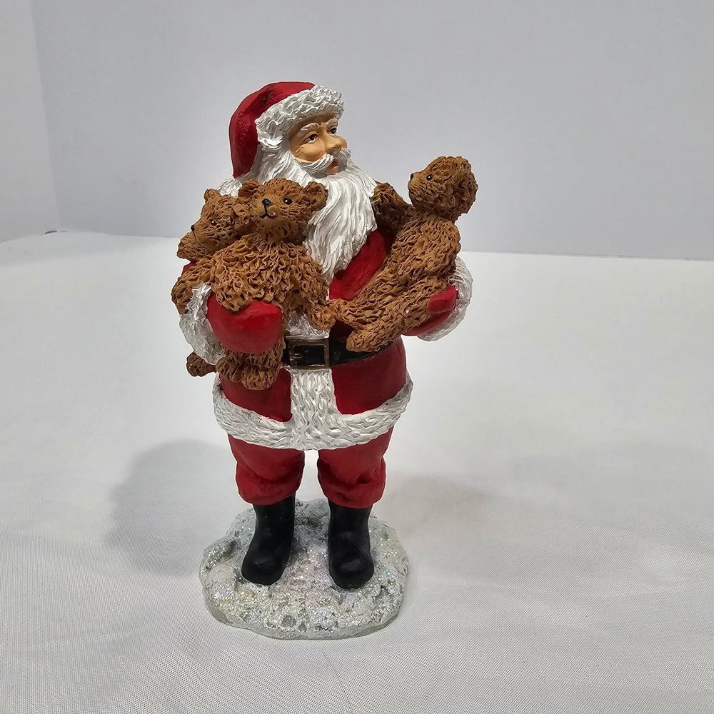 Santa Claus Figurine Holding Teddy Bears Christmas Holiday Decor Resin 6 Inch